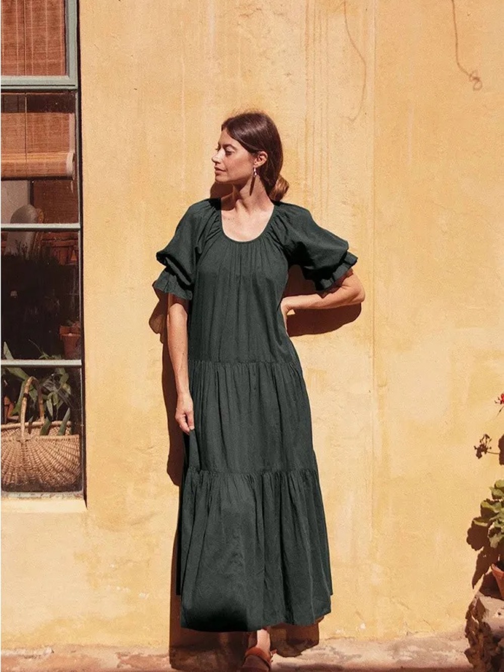 Daughters of India Dark Green Tiered Maxi Dress with Puff Sleeves